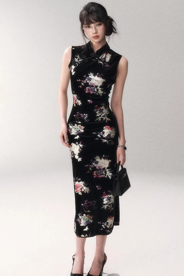 Gold Embellished Velvet Cheongsam Dress