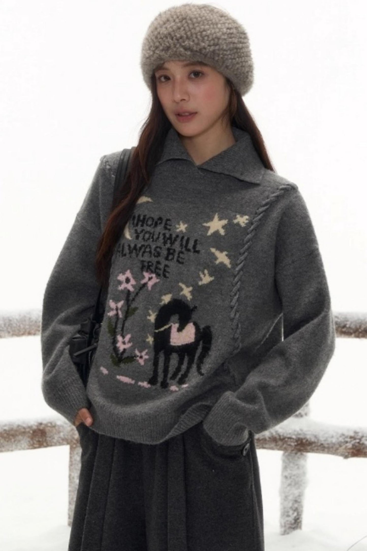 Pony Lapel Collar Knit Top