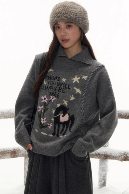 Pony Lapel Collar Knit Top