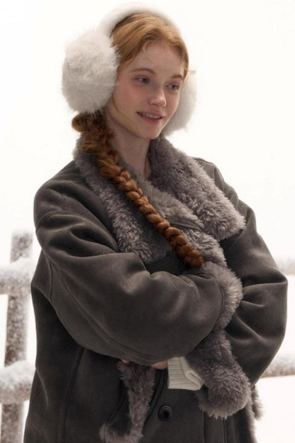 Reversible suede stand collar fur coat