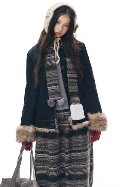 ファーカラーデニムジャケット+スカート