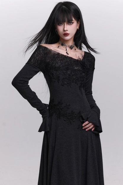 グレーオフショルダーニットドレス