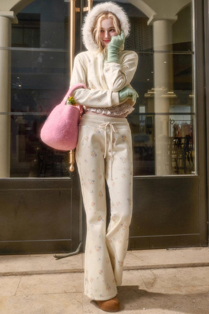 フローラルフラワーファーフードジャケット+ルーズコート+ロングパンツ