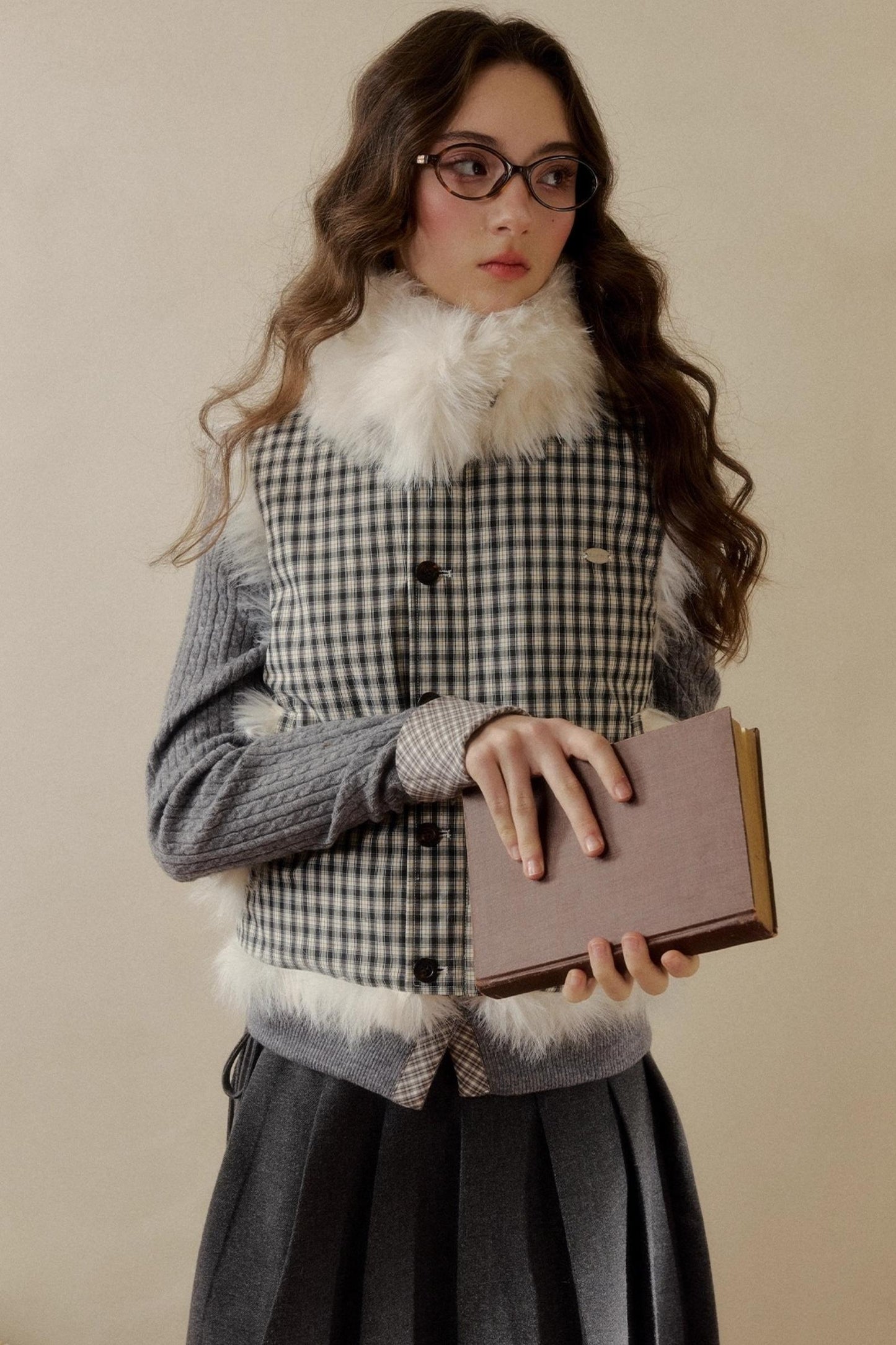 チェックドットファーリバーシブルベスト