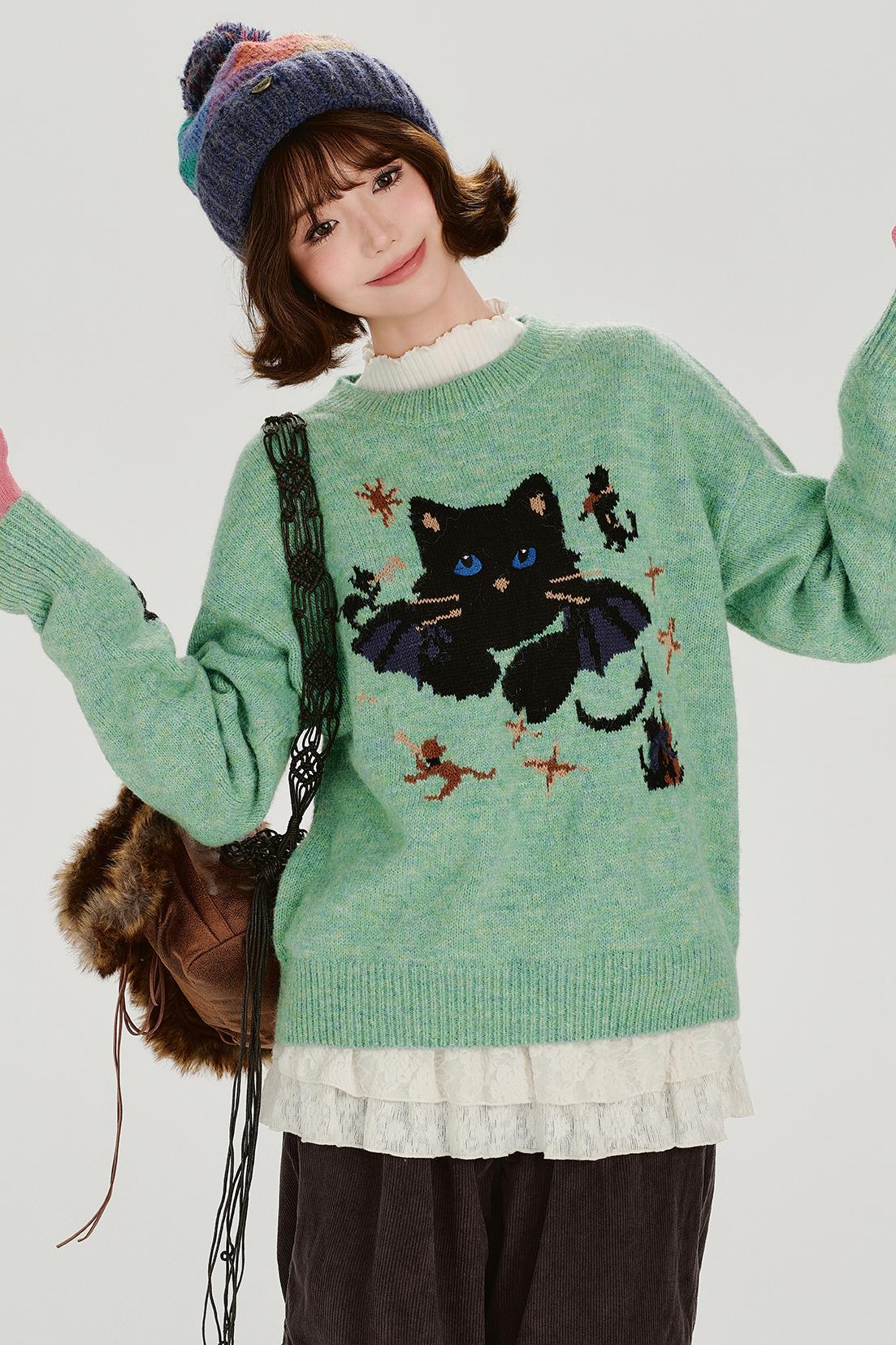 キャットジャガードレトロプルオーバートップス