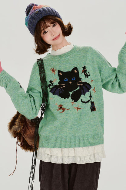 キャットジャガードレトロプルオーバートップス