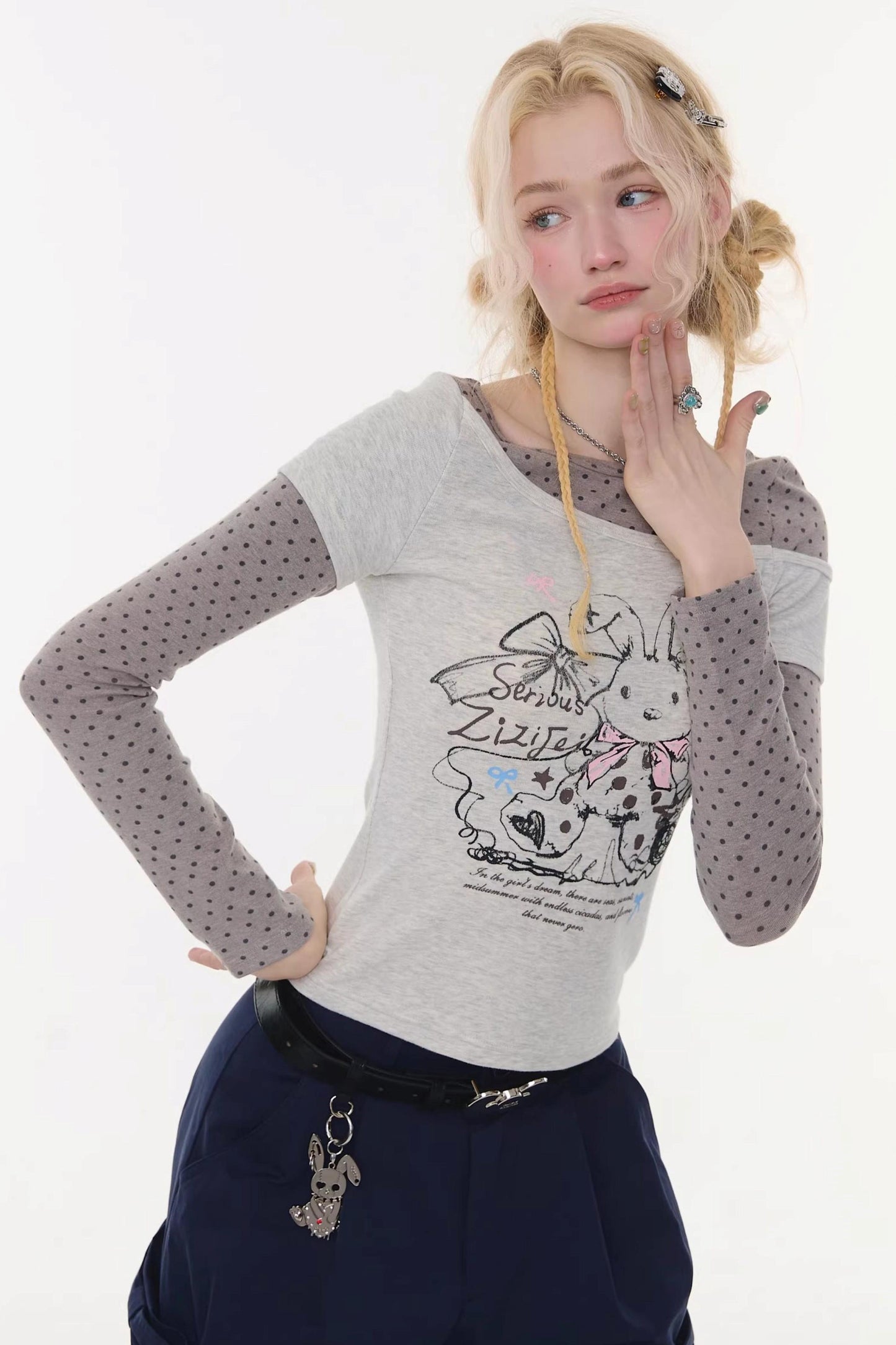 Gray Tone Rabbit Print Blouse