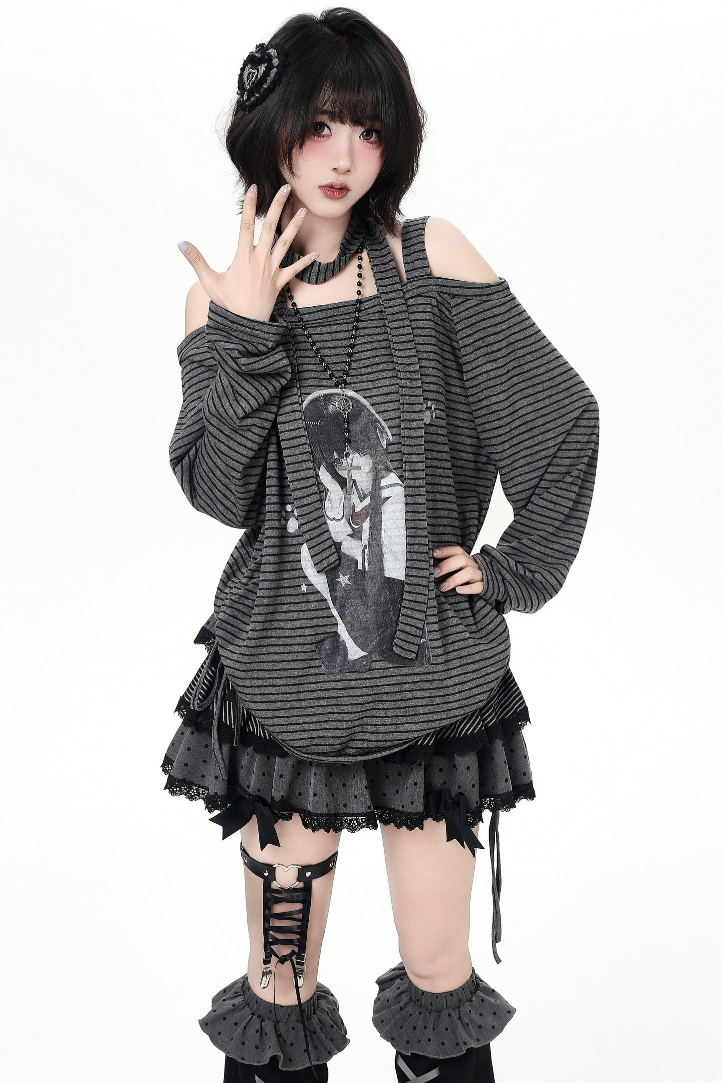 ストライプオフショルダードロストルーズロンT（ストール付き）