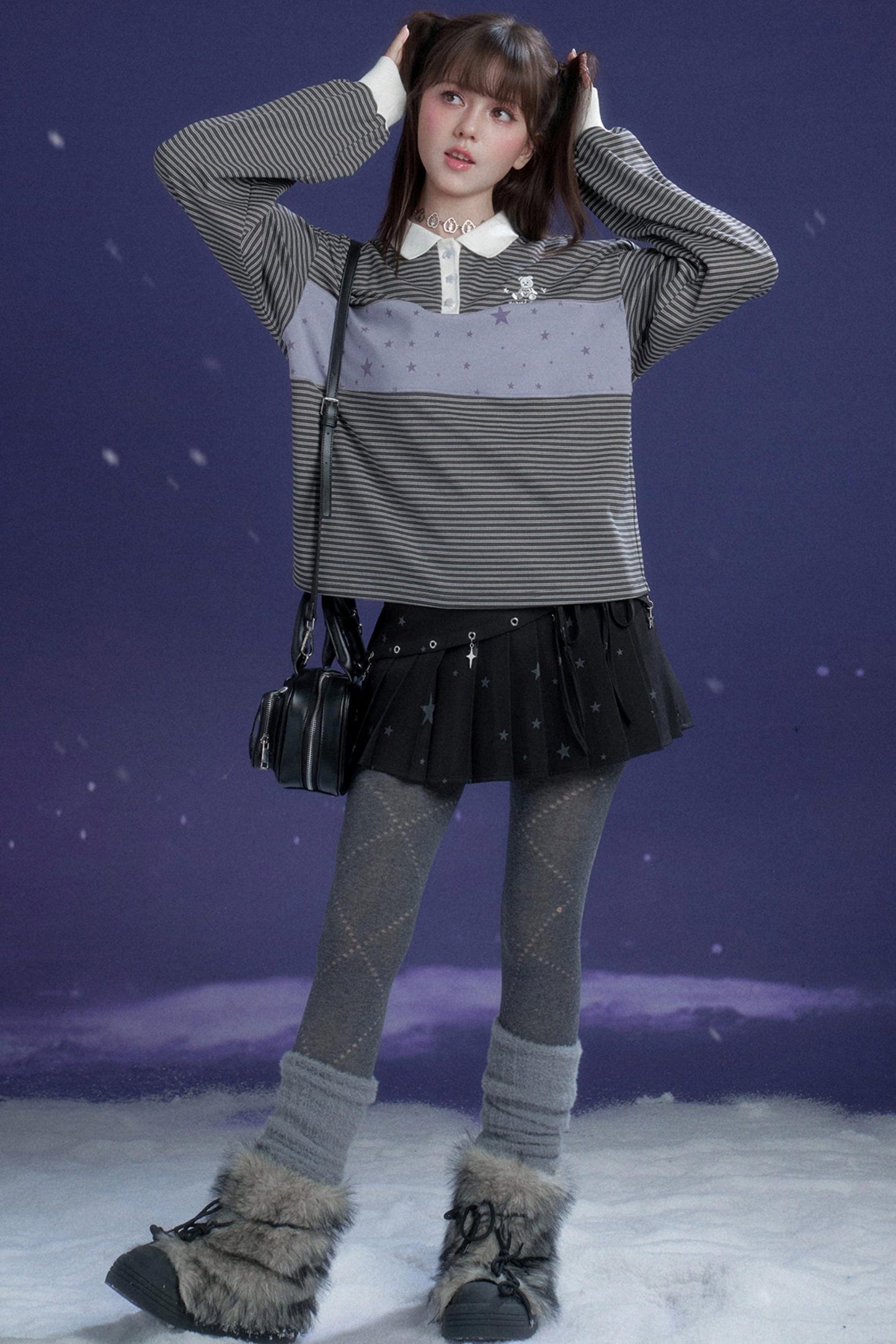 Gray and Purple Striped Polo Top