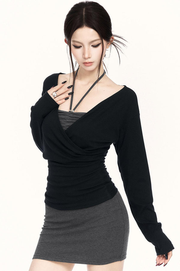 クロスネックドレス+トップス