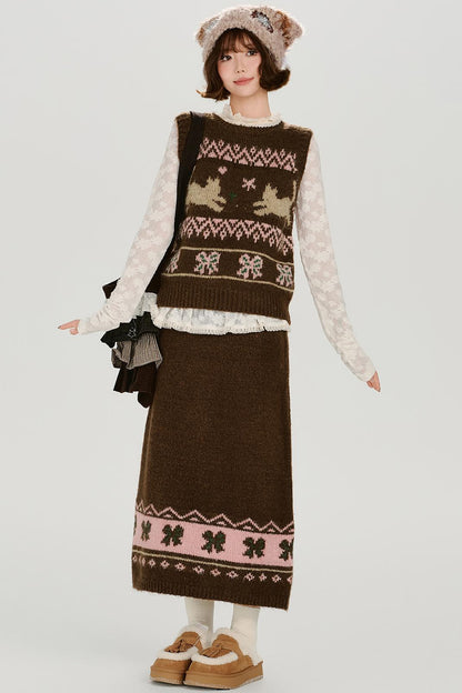 レトロフェアアイルニットベスト+スカート