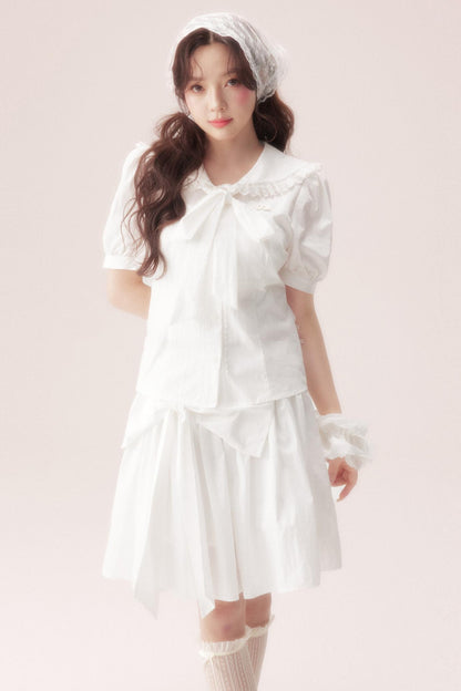 海盐蝴蝶结衬衫+半裙