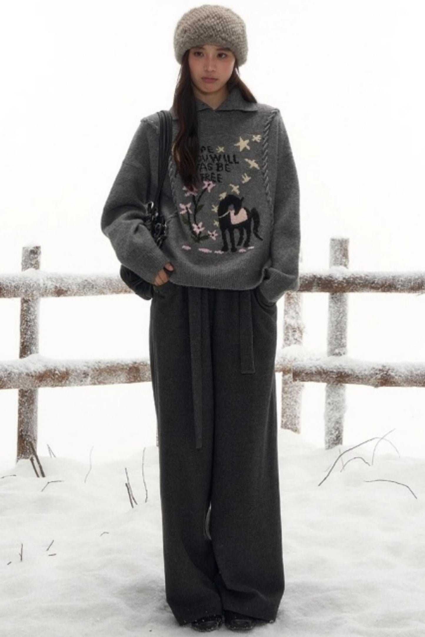 Pony Lapel Collar Knit Top