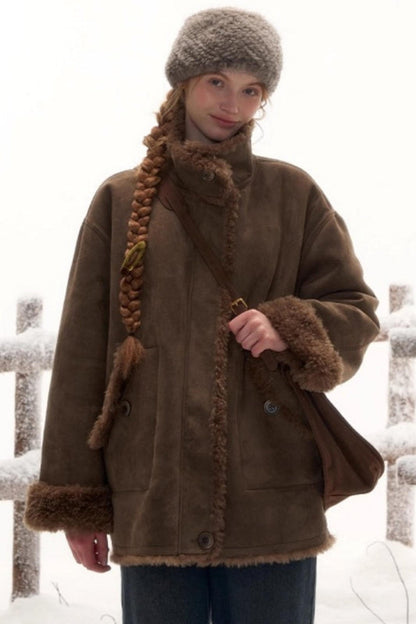 Reversible suede stand collar fur coat