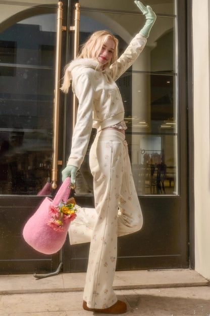 フローラルフラワーファーフードジャケット+ルーズコート+ロングパンツ