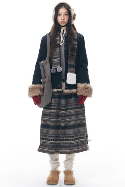 ファーカラーデニムジャケット+スカート