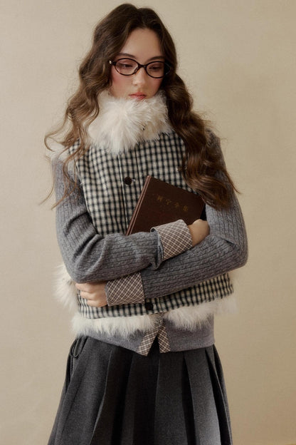 チェックドットファーリバーシブルベスト