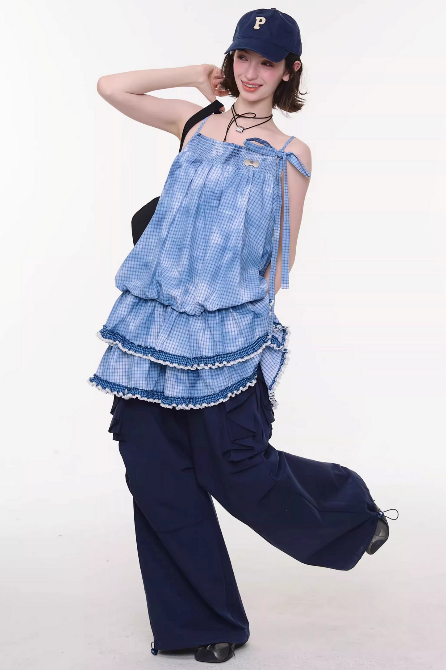 扎染蓝色格子蕾丝连衣裙