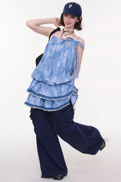 扎染蓝色格子蕾丝连衣裙