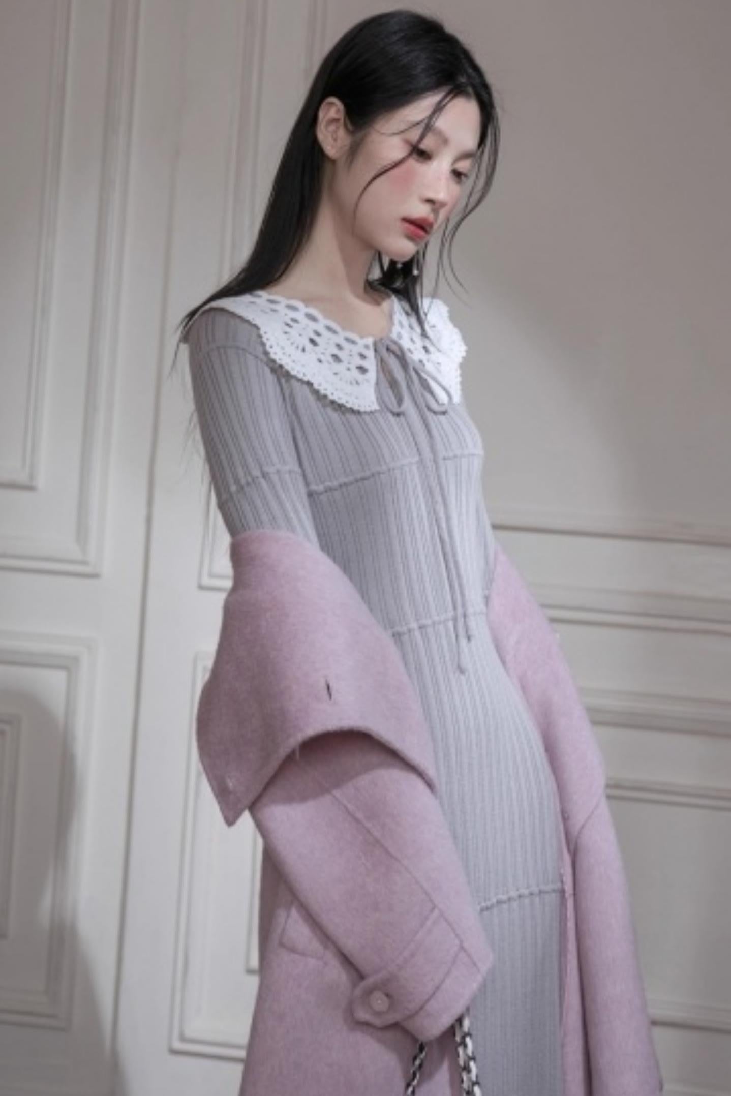 スーチュアンミストグレイフリルロングドレス