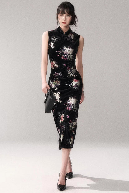 Gold Embellished Velvet Cheongsam Dress