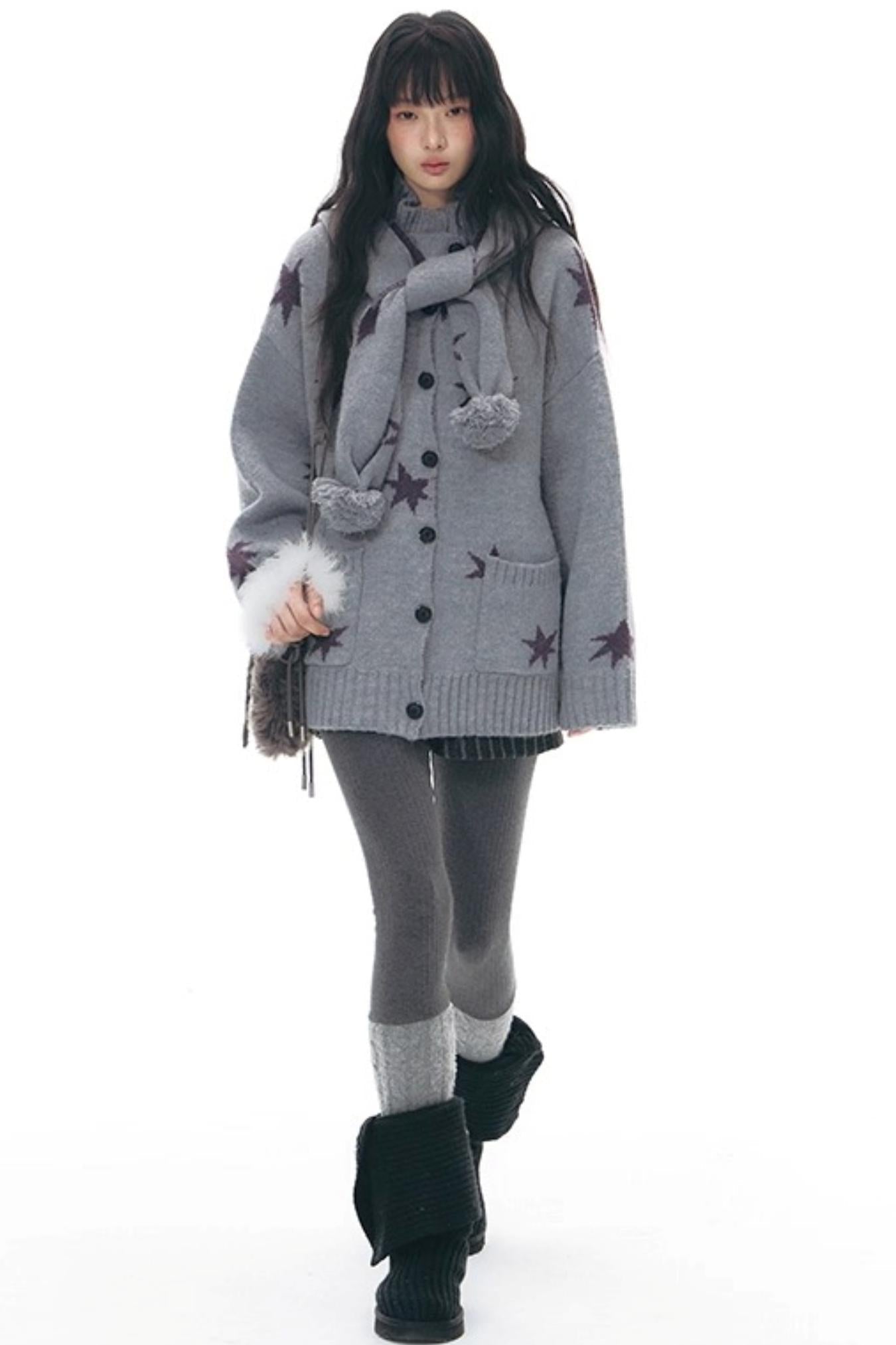 Reversible Star Cardigan + Fur Ball Hooded Scarf