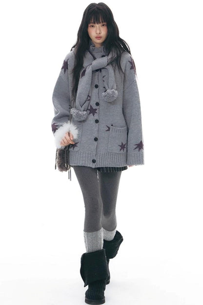 Reversible Star Cardigan + Fur Ball Hooded Scarf
