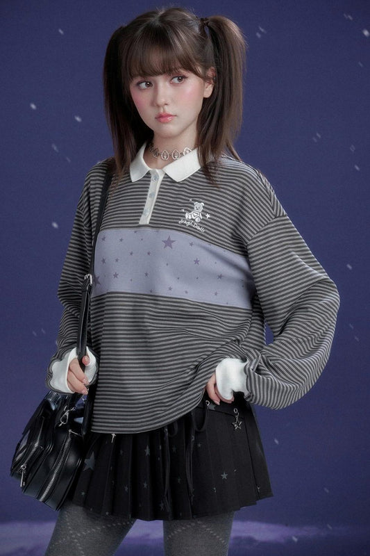 Gray and Purple Striped Polo Top