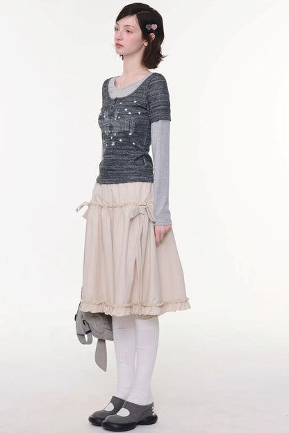 Vintage Bow Knot Khaki Midi Skirt