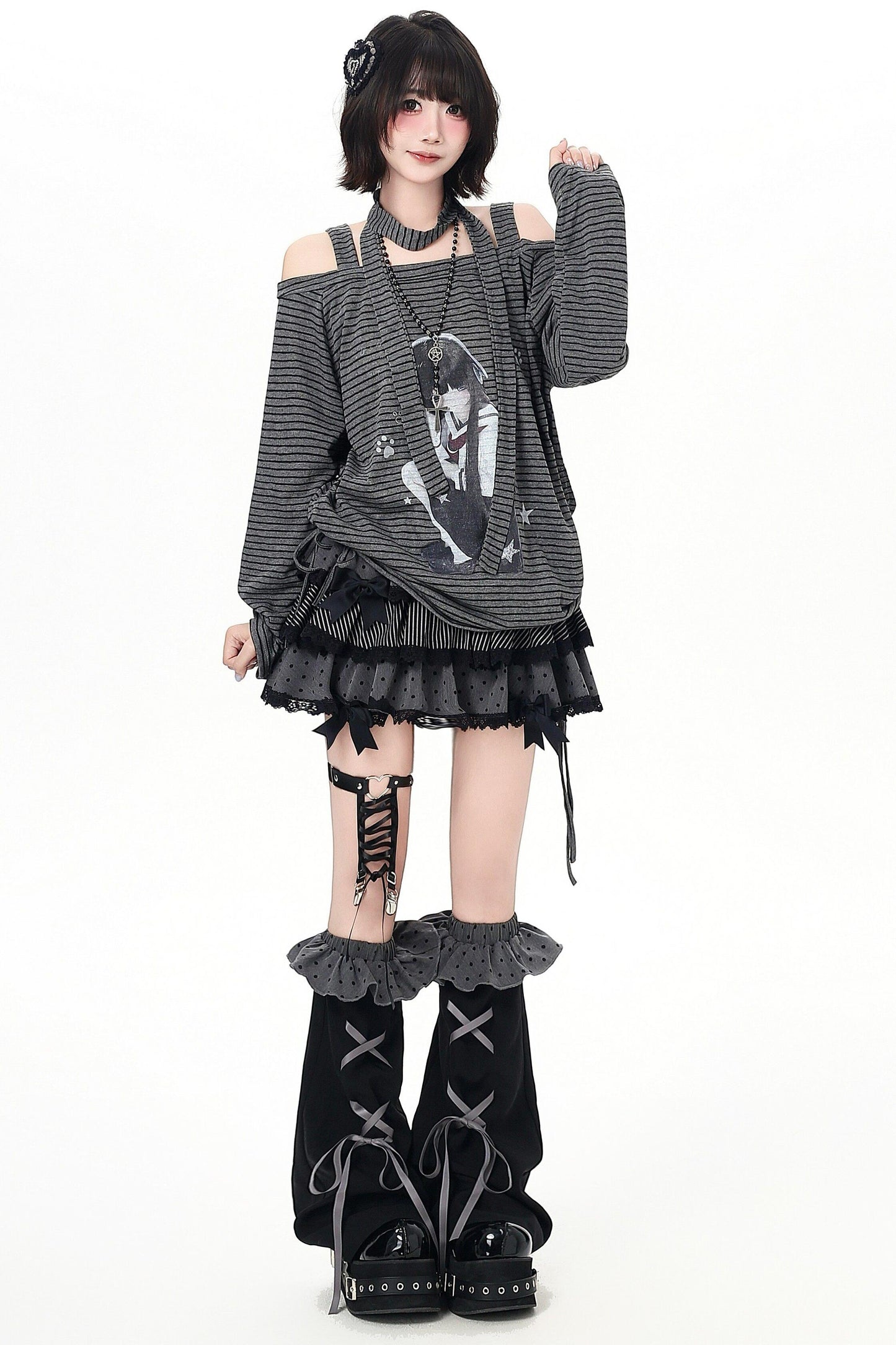 ストライプオフショルダードロストルーズロンT（ストール付き）