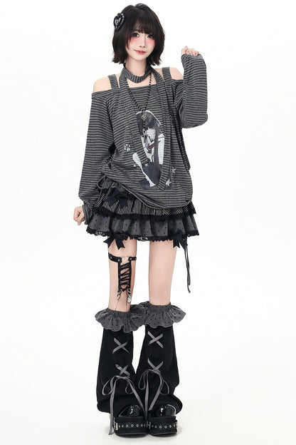 ストライプオフショルダードロストルーズロンT（ストール付き）