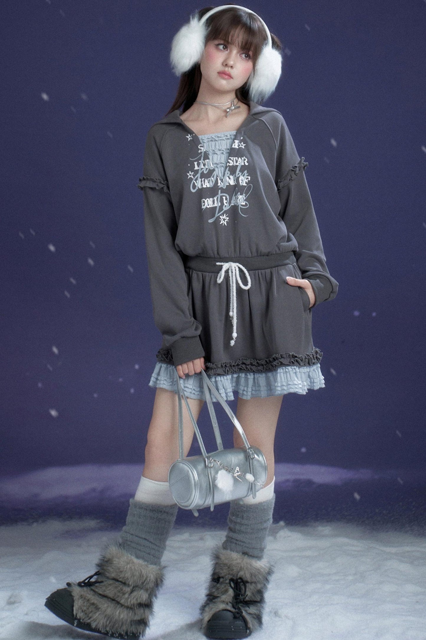 Gray-Blue Lace Hooded Dress