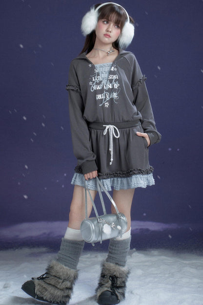 Gray-Blue Lace Hooded Dress