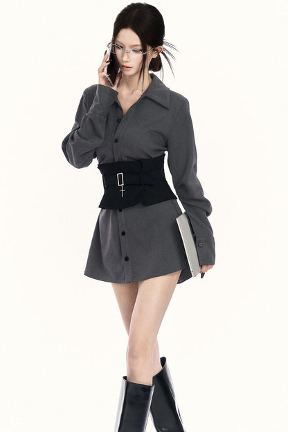 モードウエストマークレイヤードシャツ+ボトムス