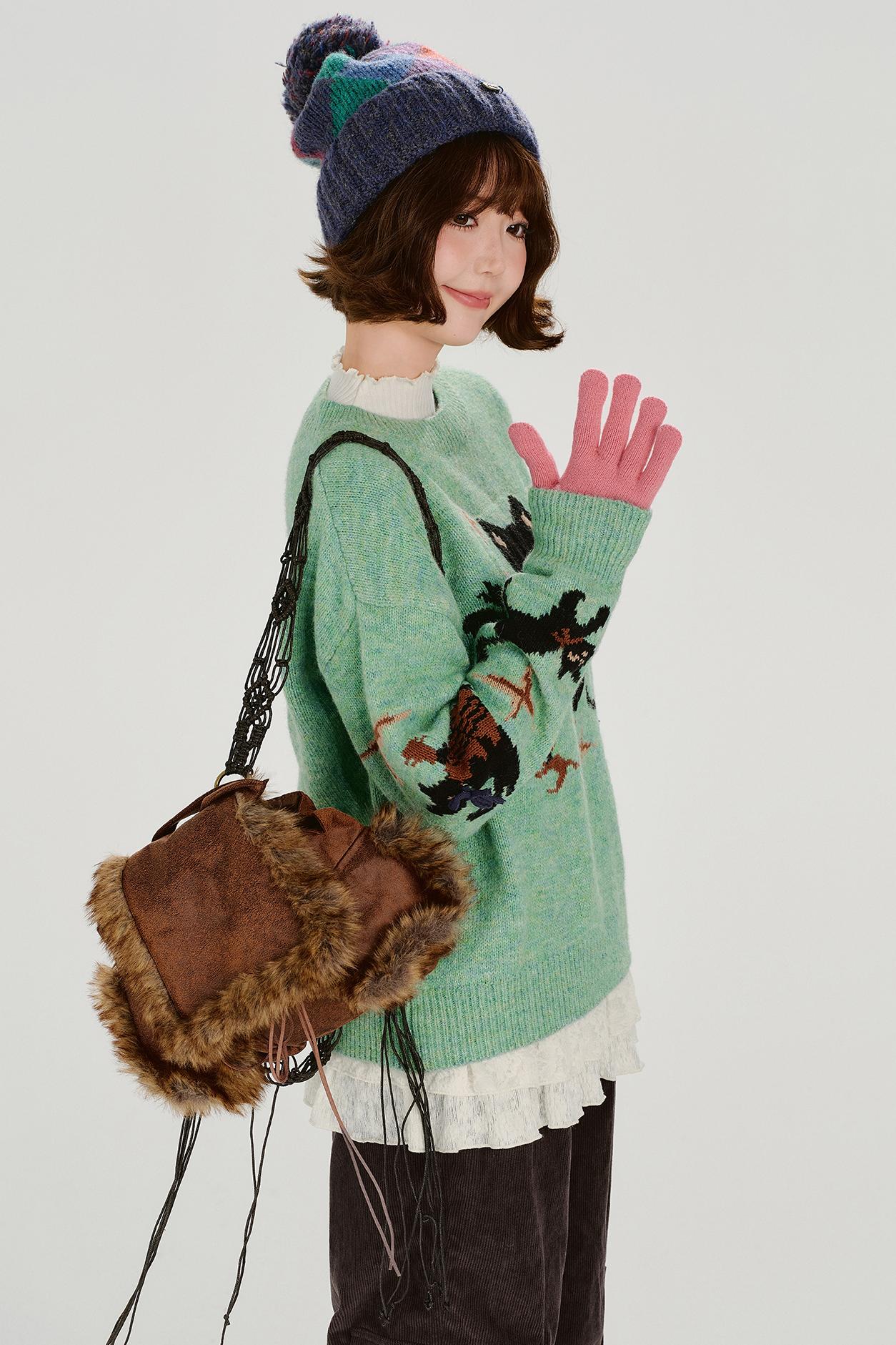 キャットジャガードレトロプルオーバートップス