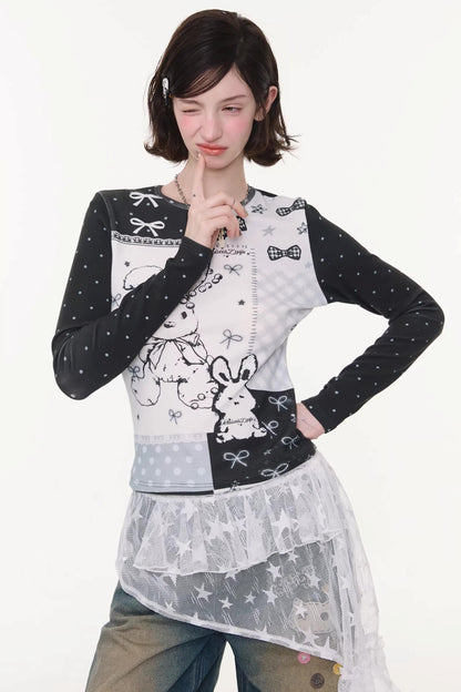 Rabbit Print Contrast Blouse