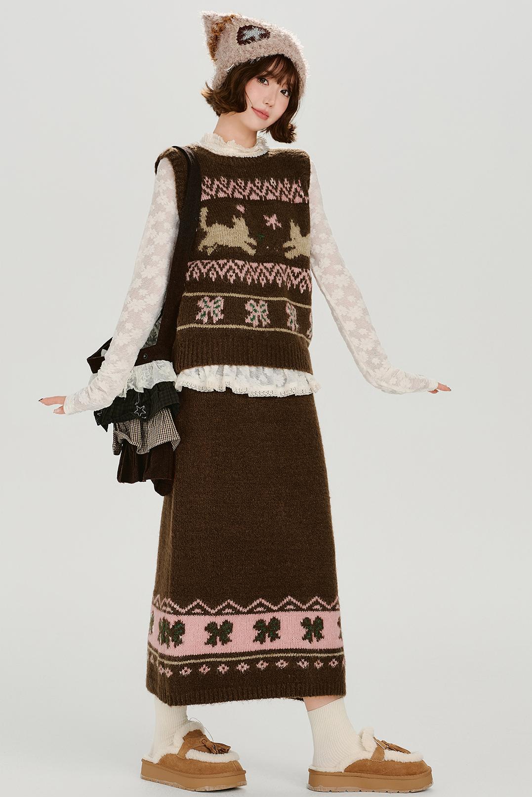 レトロフェアアイルニットベスト+スカート