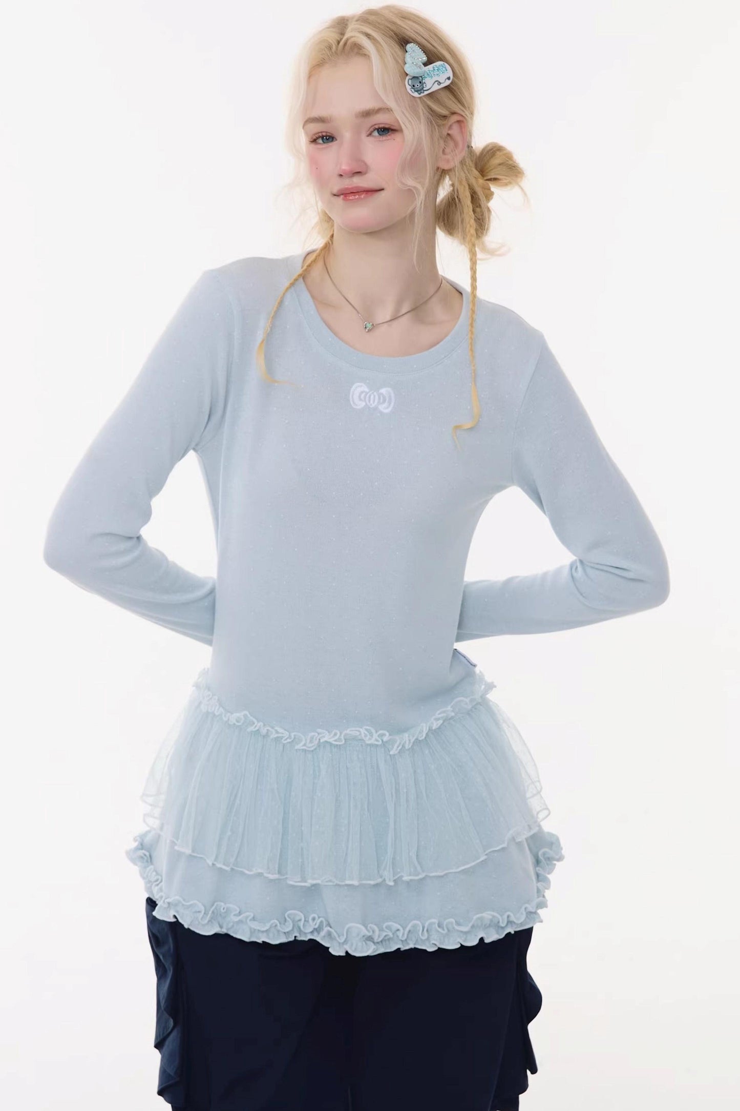 Lace Pleated Polka Dot Blouse