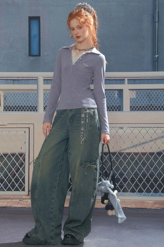 レースニットポロトップ