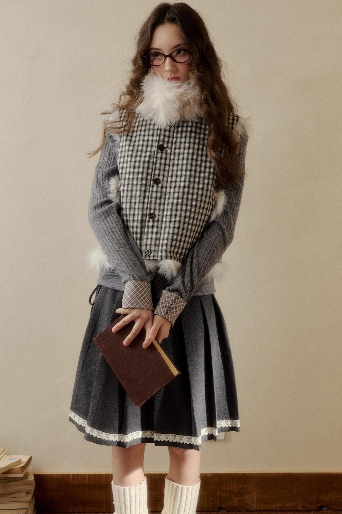 チェックドットファーリバーシブルベスト