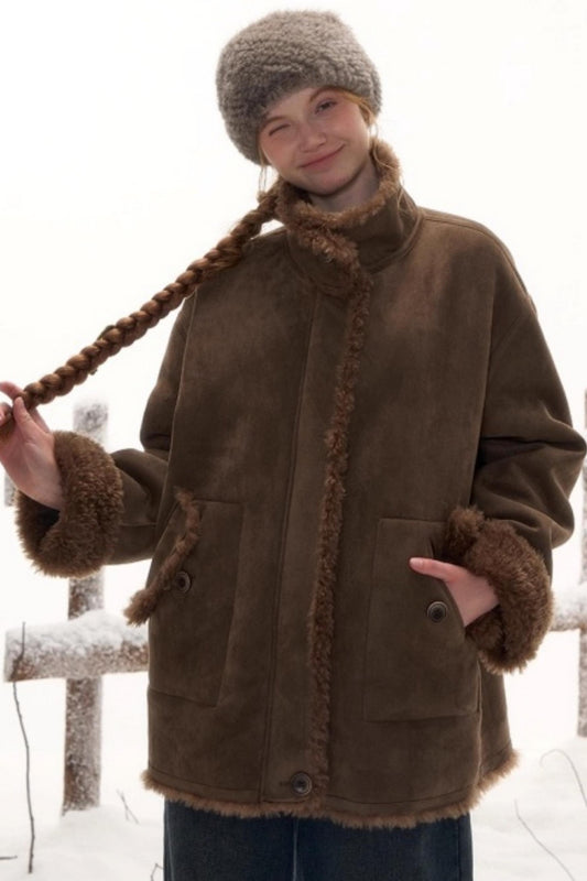 Reversible suede stand collar fur coat