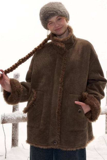 Reversible suede stand collar fur coat