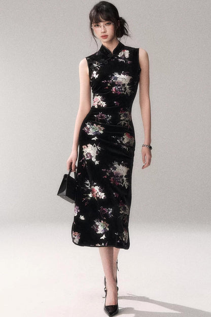 Gold Embellished Velvet Cheongsam Dress