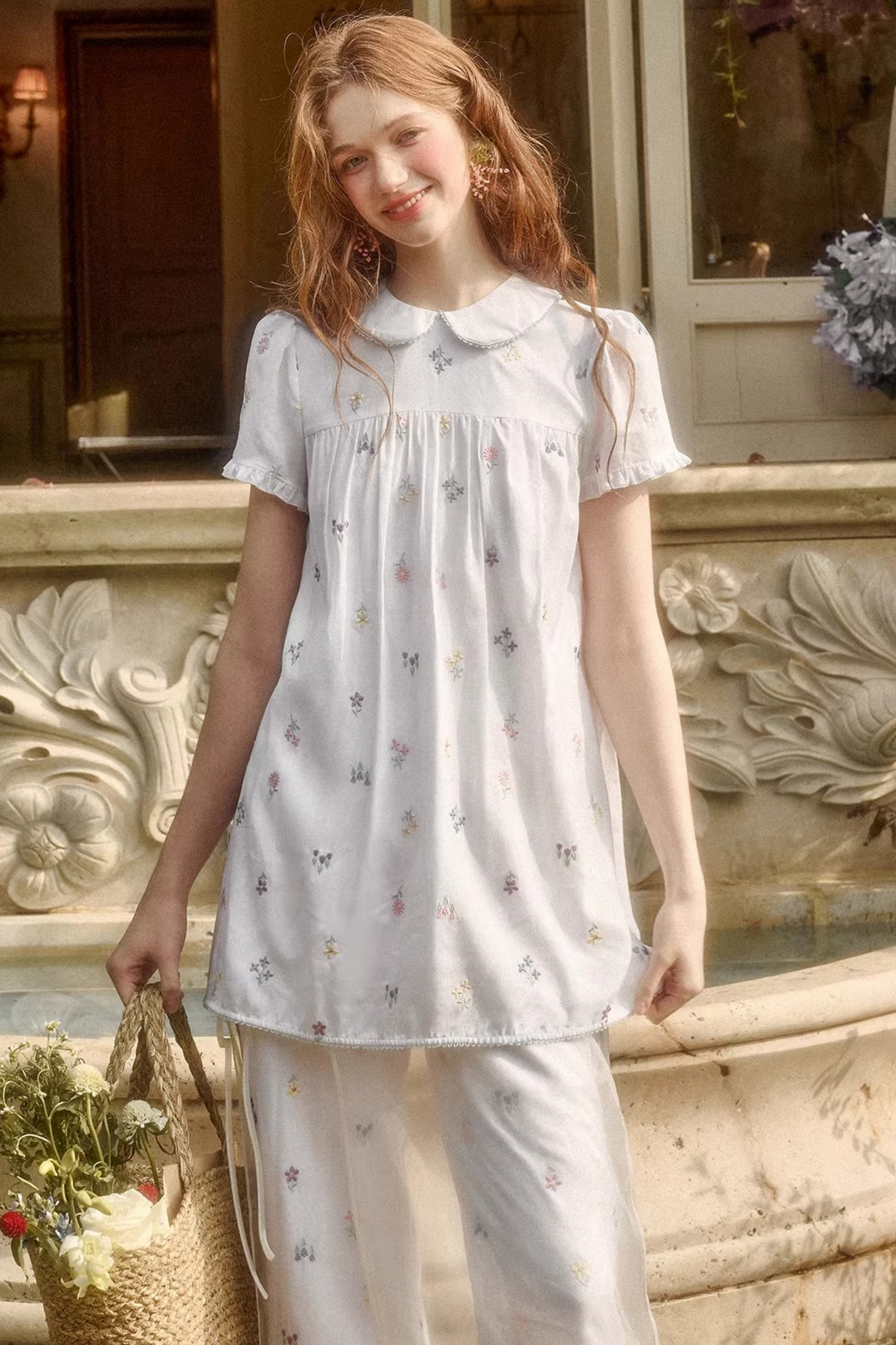 レトロフラワードレス+トップス+パンツ+カーテン+スカーフ