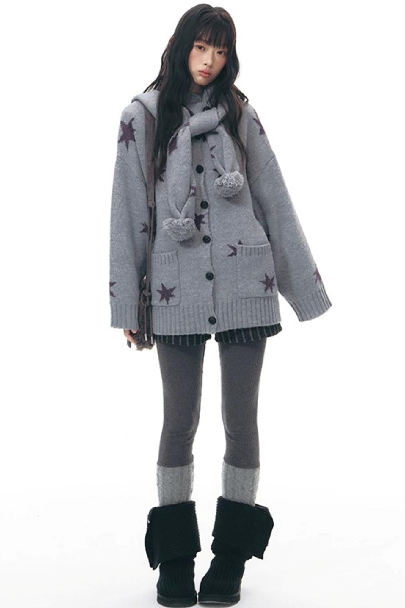 Reversible Star Cardigan + Fur Ball Hooded Scarf