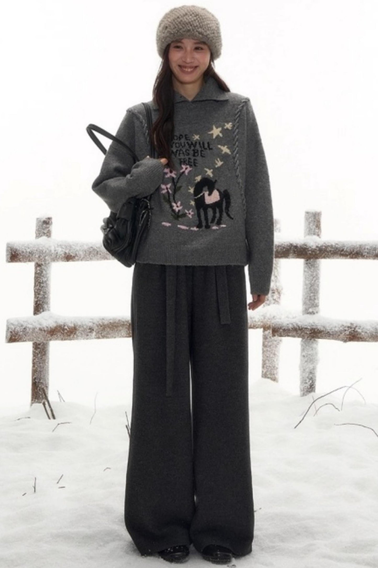 Pony Lapel Collar Knit Top