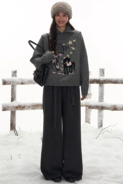 Pony Lapel Collar Knit Top