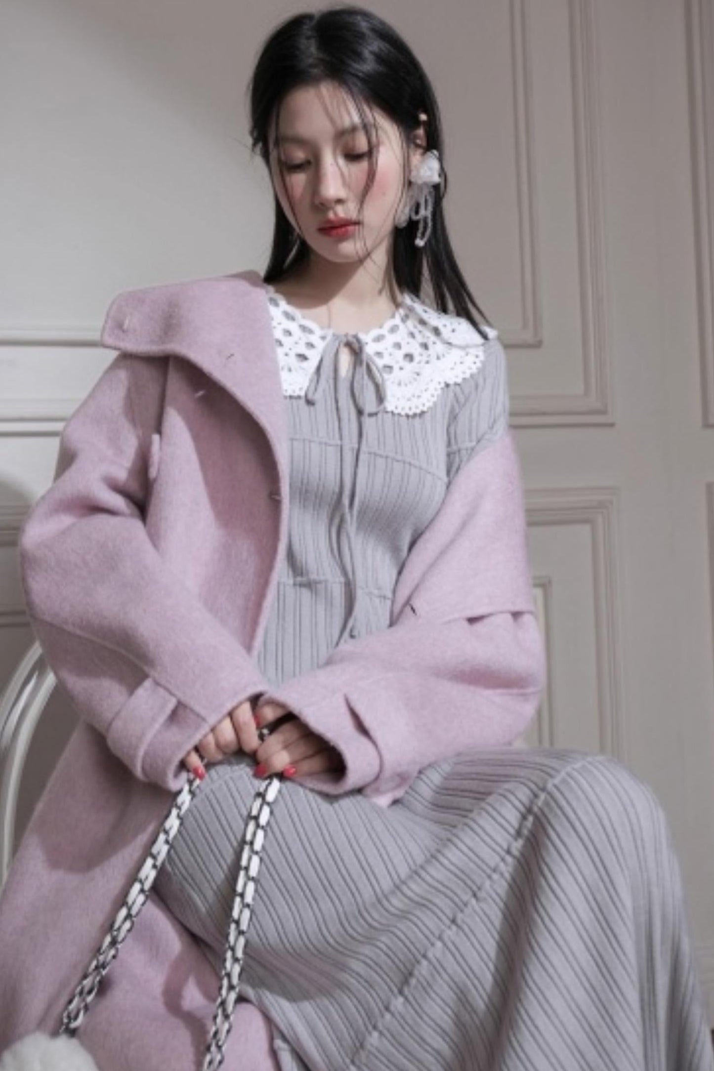 スーチュアンミストグレイフリルロングドレス