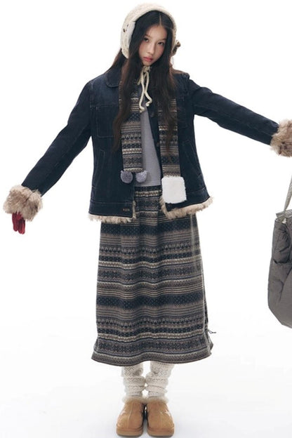 ファーカラーデニムジャケット+スカート