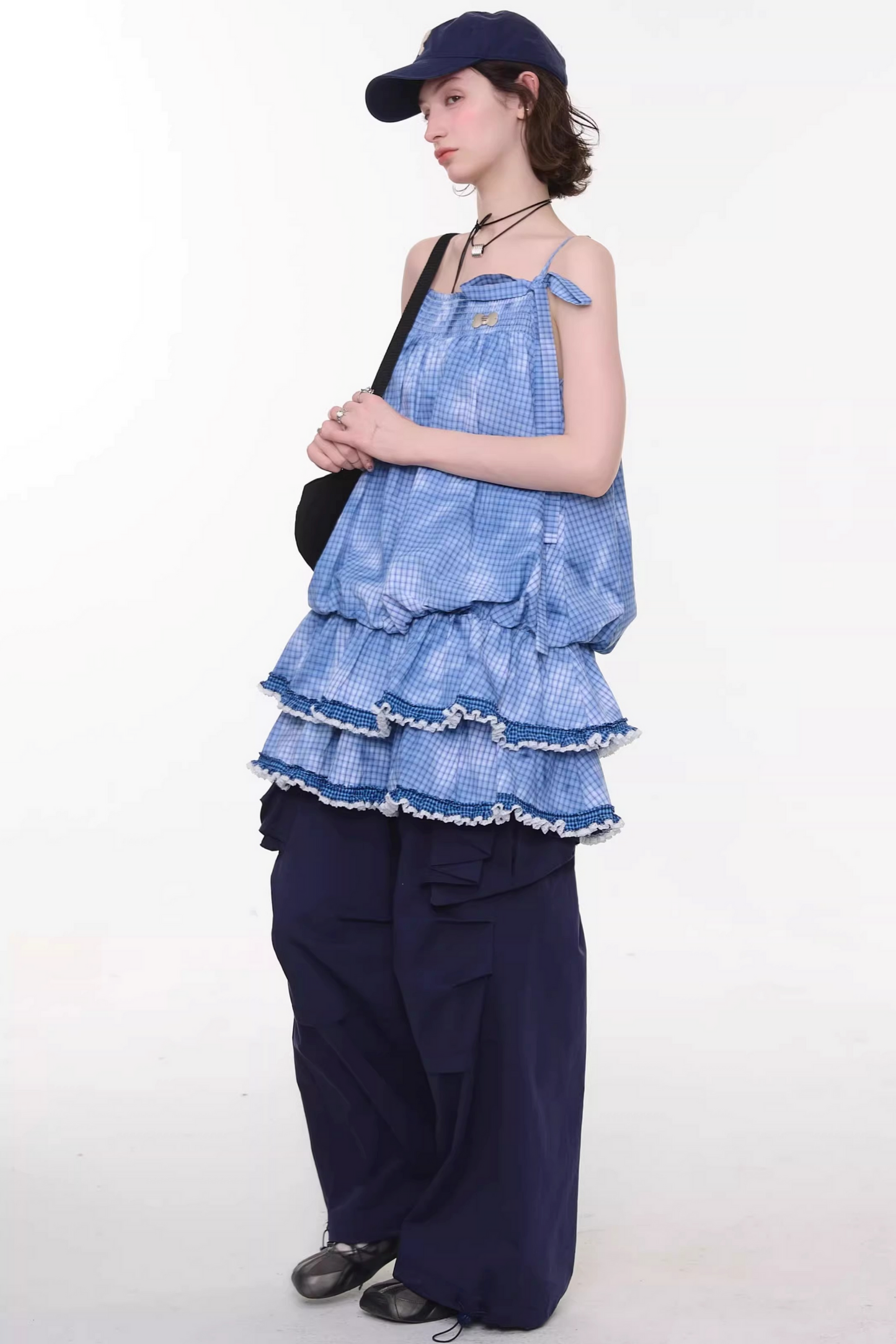 扎染蓝色格子蕾丝连衣裙